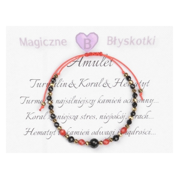 Bransoletka celebrytka czarny TURMALIN KORAL HEMATYT ochrona i spokój